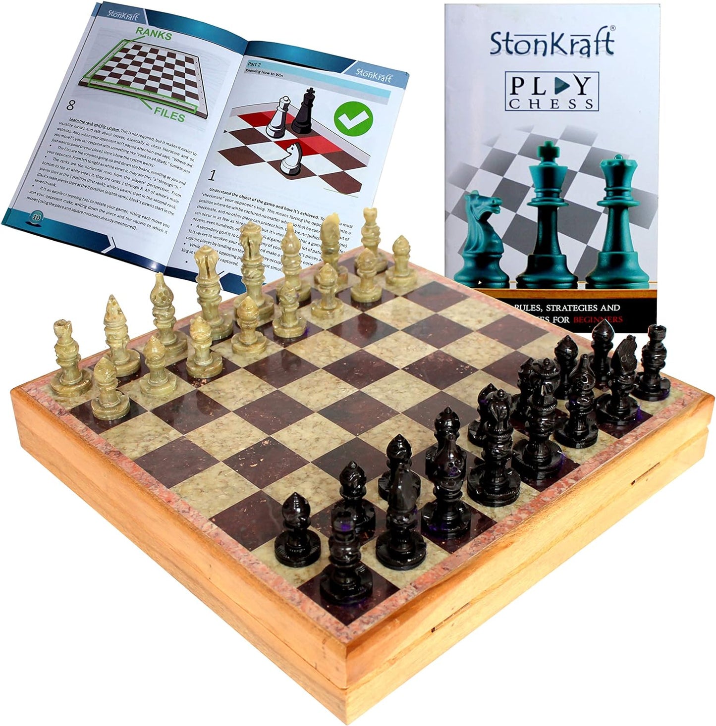 StonKraft Handcarved Chess Board with Wooden Base - Stone Inlaid Work - Chess Game Board Set