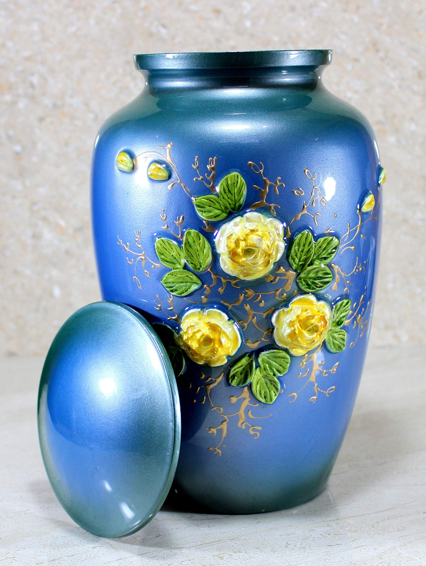 eSplanade Metal Cremation Urn Memorial Jar Pot Container | Full Size Urn for Funeral Ashes Burial | Elephant and Flowers Printed Metal Urn | Blue-Multi - 10" Inches