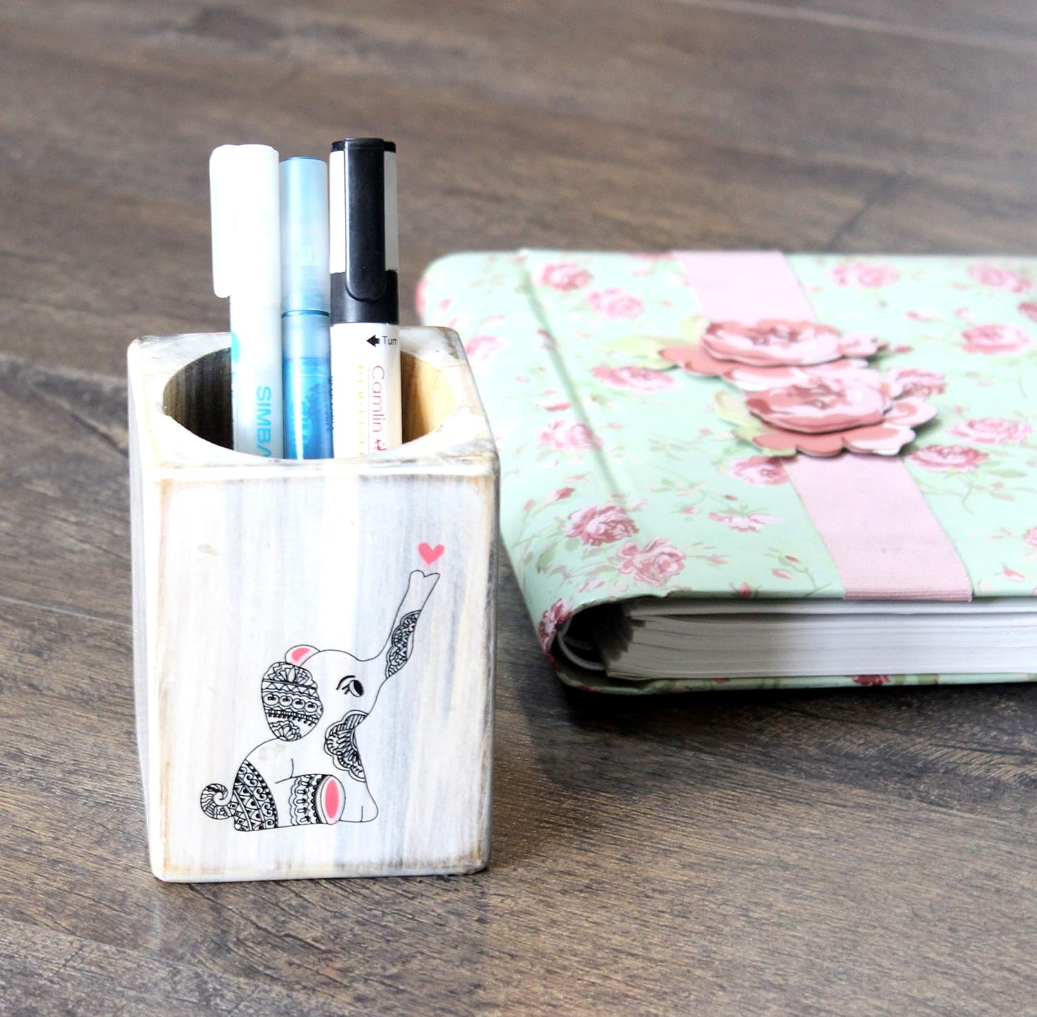 IVEI Wooden Rectangular Pen Stand - Elephant Doodle Pen/Pencil Holder - Minimalistic Office Desk Organizer - Wooden Stationery Holder for Office and Study Table - Unique Budget Gifts