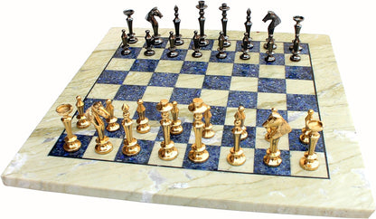 StonKraft Collectible Australian Marble and Lapis Lazuli Chess Board Set + Brass Chess Pieces Pawns - Decorative Stone Chess - 15" Inches