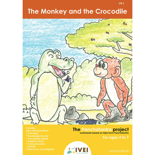 IVEI Panchatantra Kids Learning Book - Workbook and 2 DIY magnets of Panchatantra Story - Colouring Activity Worksheets - Creative Fun Activity and Education For Kids - The Monkey and the crocodile