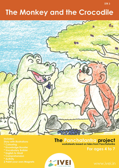 IVEI Panchatantra Kids Learning Book - Workbook and 2 DIY magnets of Panchatantra Story - Colouring Activity Worksheets - Creative Fun Activity and Education For Kids - The Monkey and the crocodile