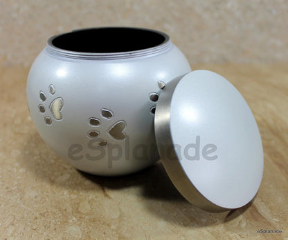 eSplanade Metal Cremation Urn Memorial Jar Pot Container |Standard Size Urn for Funeral Ashes Burial | Round Shape Paws Engraved Metal Urn | White - 4.5" Inches