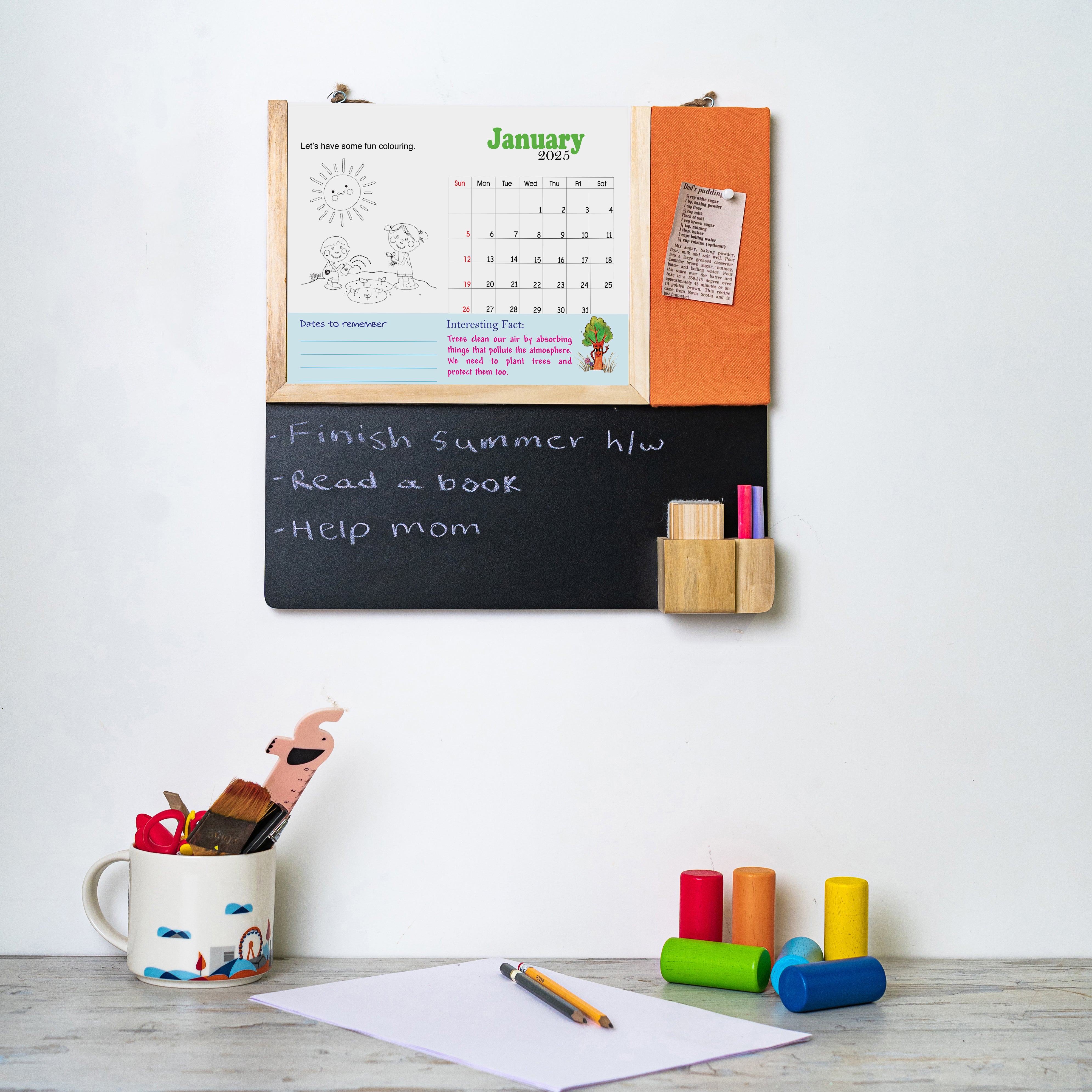 IVEI Kids Activity Calendar with Blackboard & Pin Board -Orange- Combination Board Hanging Wall with Calendar Set with Marker & Duster Holder - Innovative Gift for Kids Room Decor, School, Home