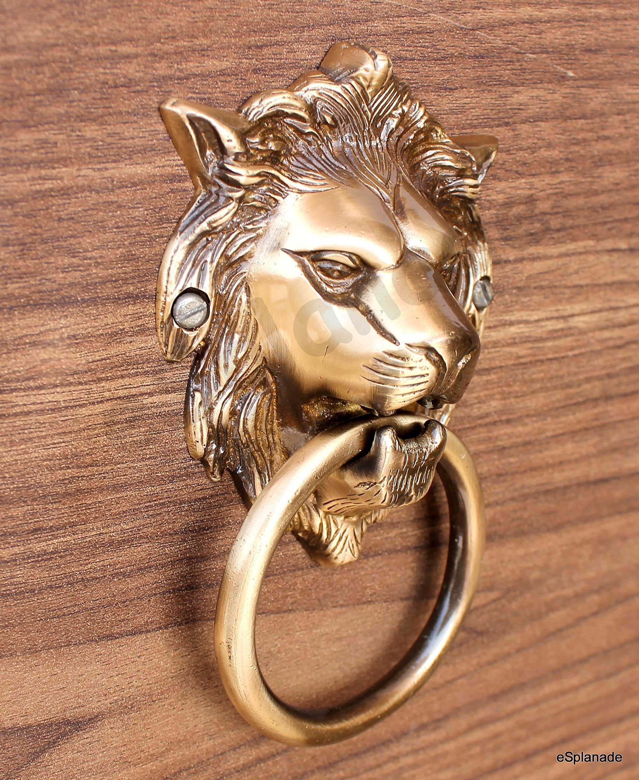eSplanade Brass Lion Face Mouth Door Knocker, Door Accessories, Gate Knocker