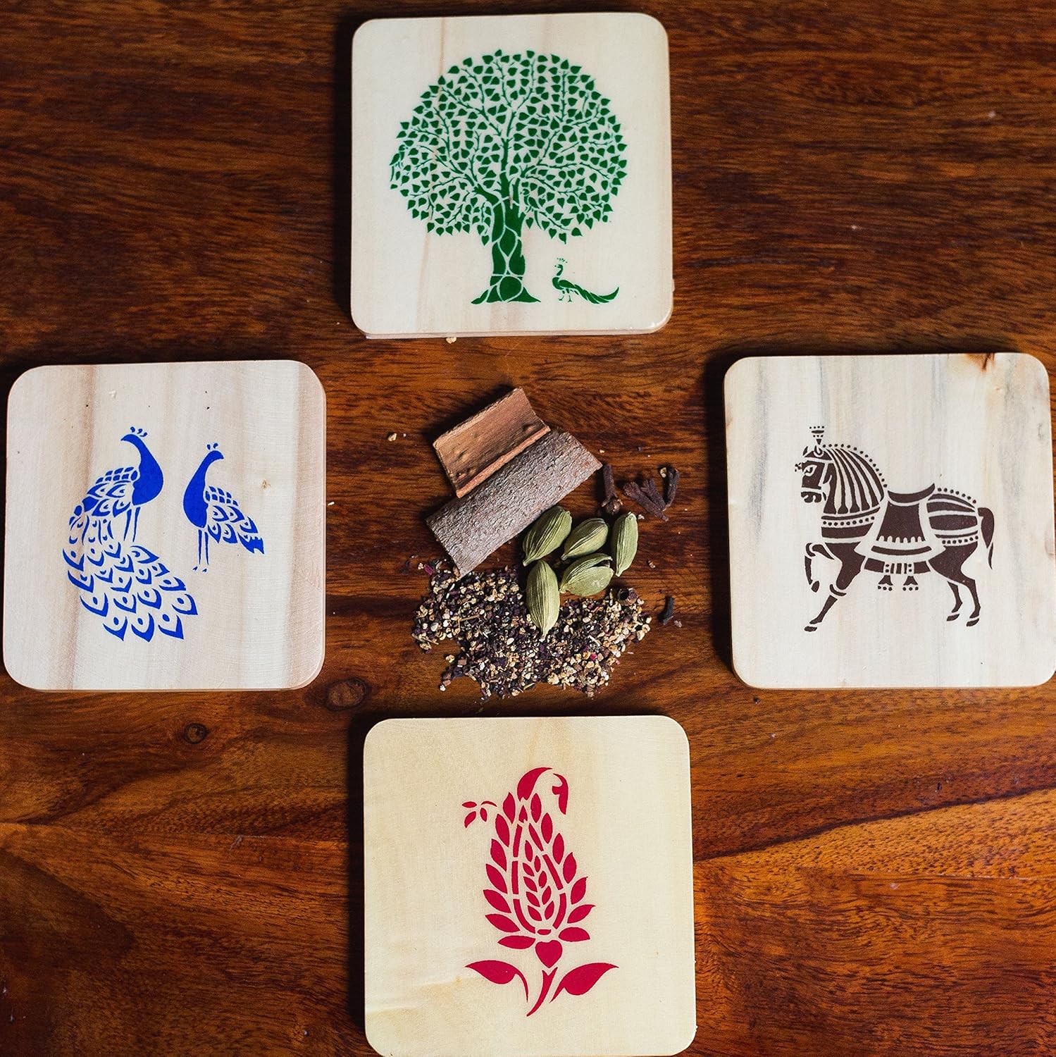 IVEI Sanjhi Print Wooden Coasters - Wood Table Coaster - Dinner Decor Centerpiece Wooden Coaster for Home Kitchen, Office Desk - Decorative Holder for Tea, Coffee Cups - Tabletop Coasters - Set of 4