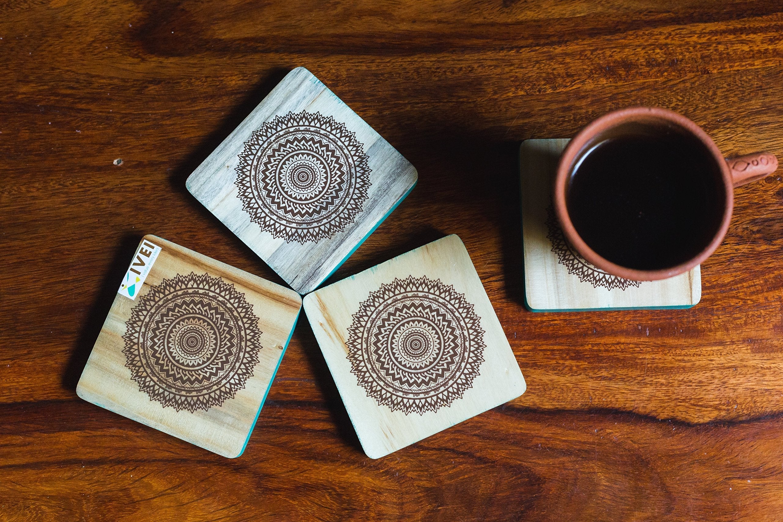 IVEI Mandala Print Wooden Coasters - Teak Wood Table Coaster - Reversible Animal Design Set for Home Kitchen, Office Desk - Decorative Holder for Tea or Coffee Cups - Table Top Coasters - Set of 4