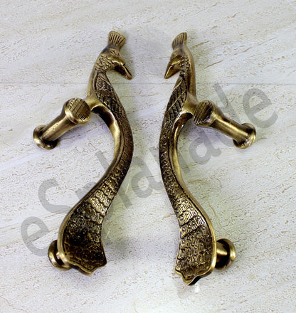 eSplanade - Designer Pair of Brass Door Handles (2 pcs) | Handle-sets | Door Decor | Brass Door Pulls - Peacock Shaped (8" Inches)