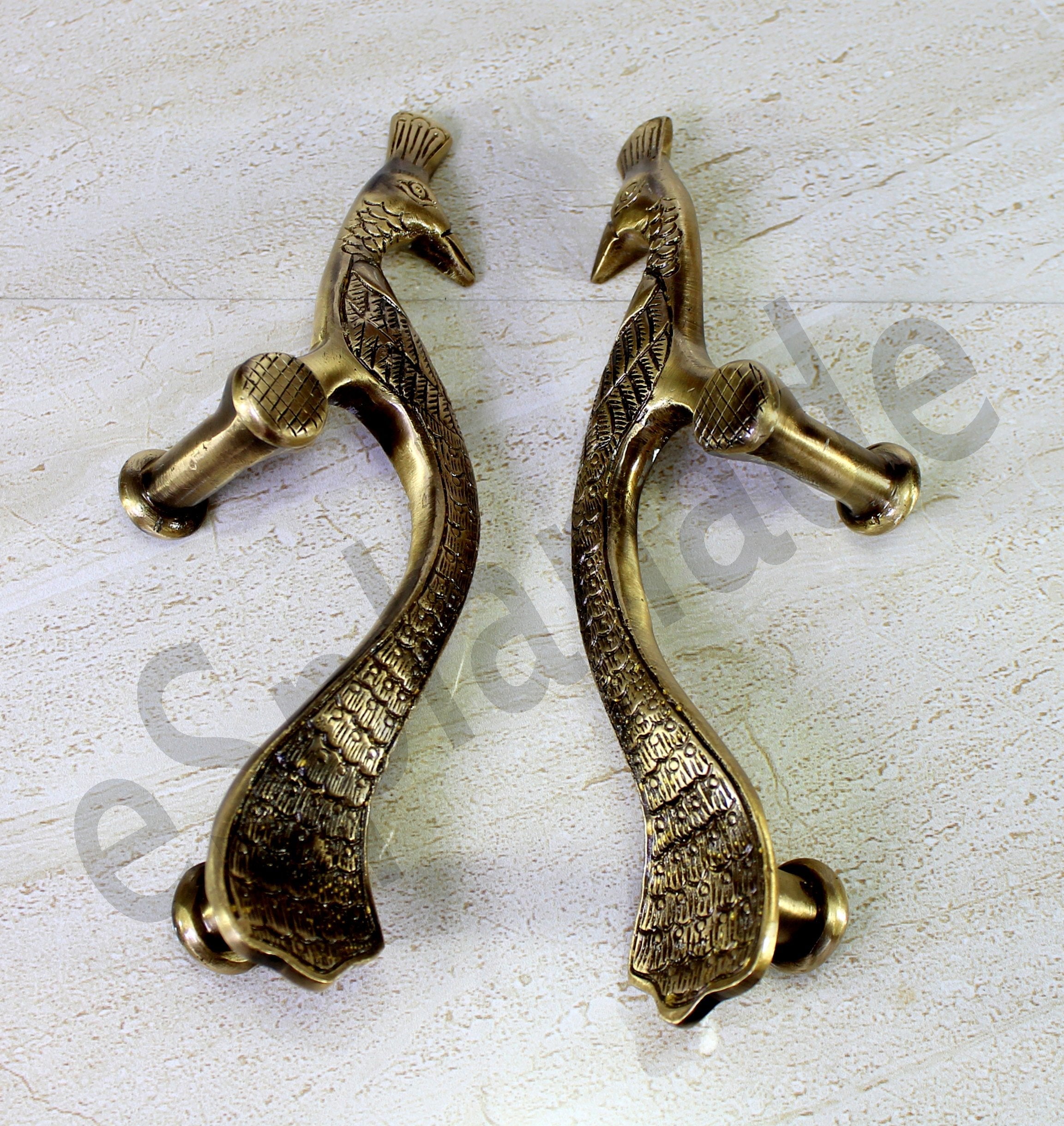 eSplanade - Designer Pair of Brass Door Handles (2 pcs) | Handle-Sets | Door Decor | Brass Door Pulls - Peacock Shaped