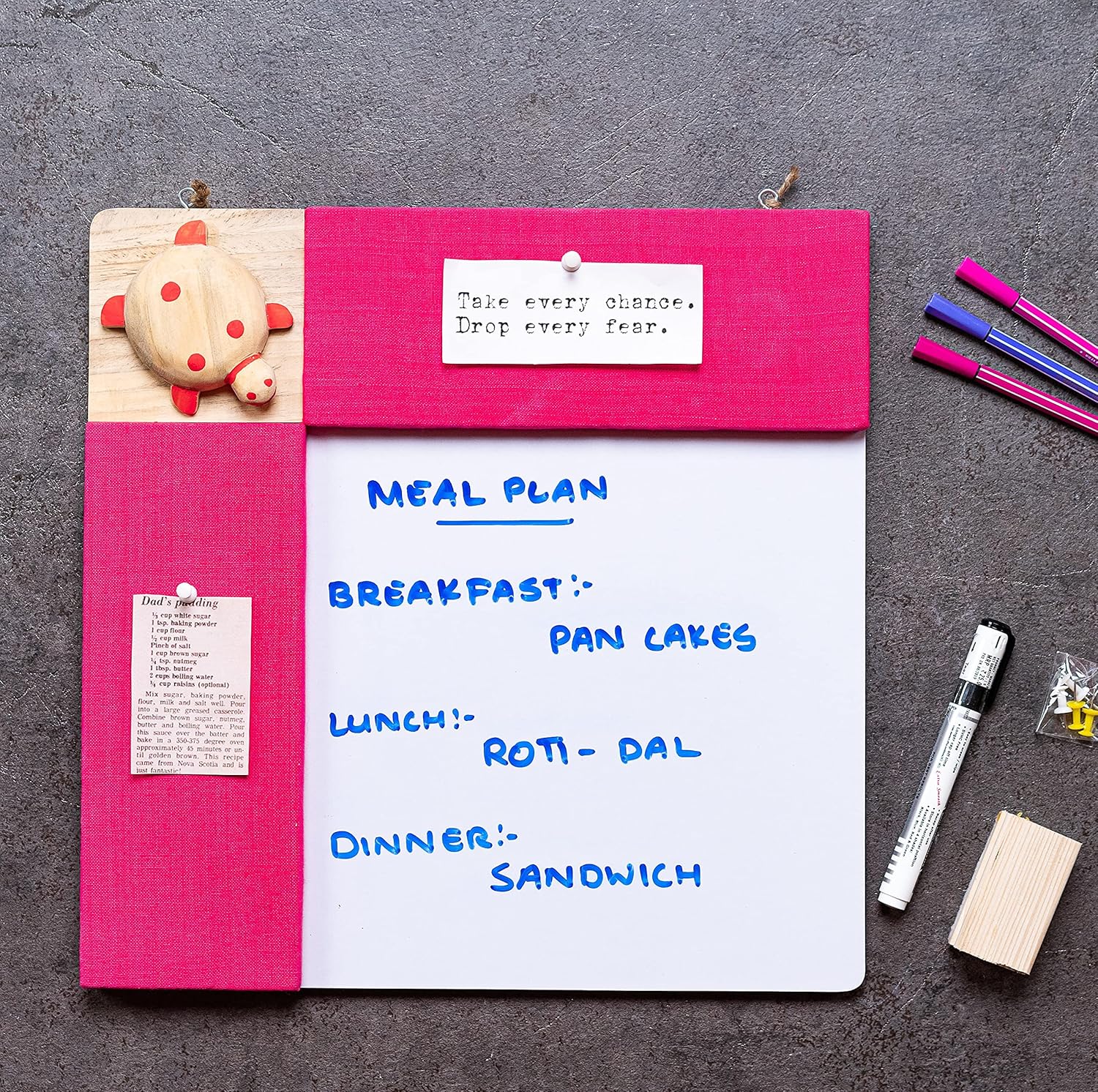 IVEI Pink pin Board and whiteboard Combination - Dry Erase Board - Bulletin Board - Innovative Organizer - for Kids and Adults - Handcrafted Turtle