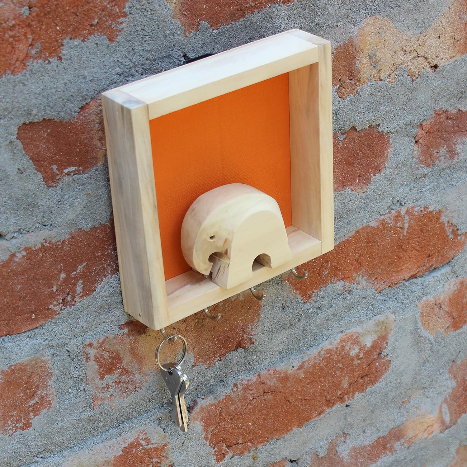 ESPLANADE Wooden Key Holder Handcrafted Hand-Spun Khadi Key Holder - Compact Decorative Elephant Design Wall Hooks in Orange - Made by Artisans