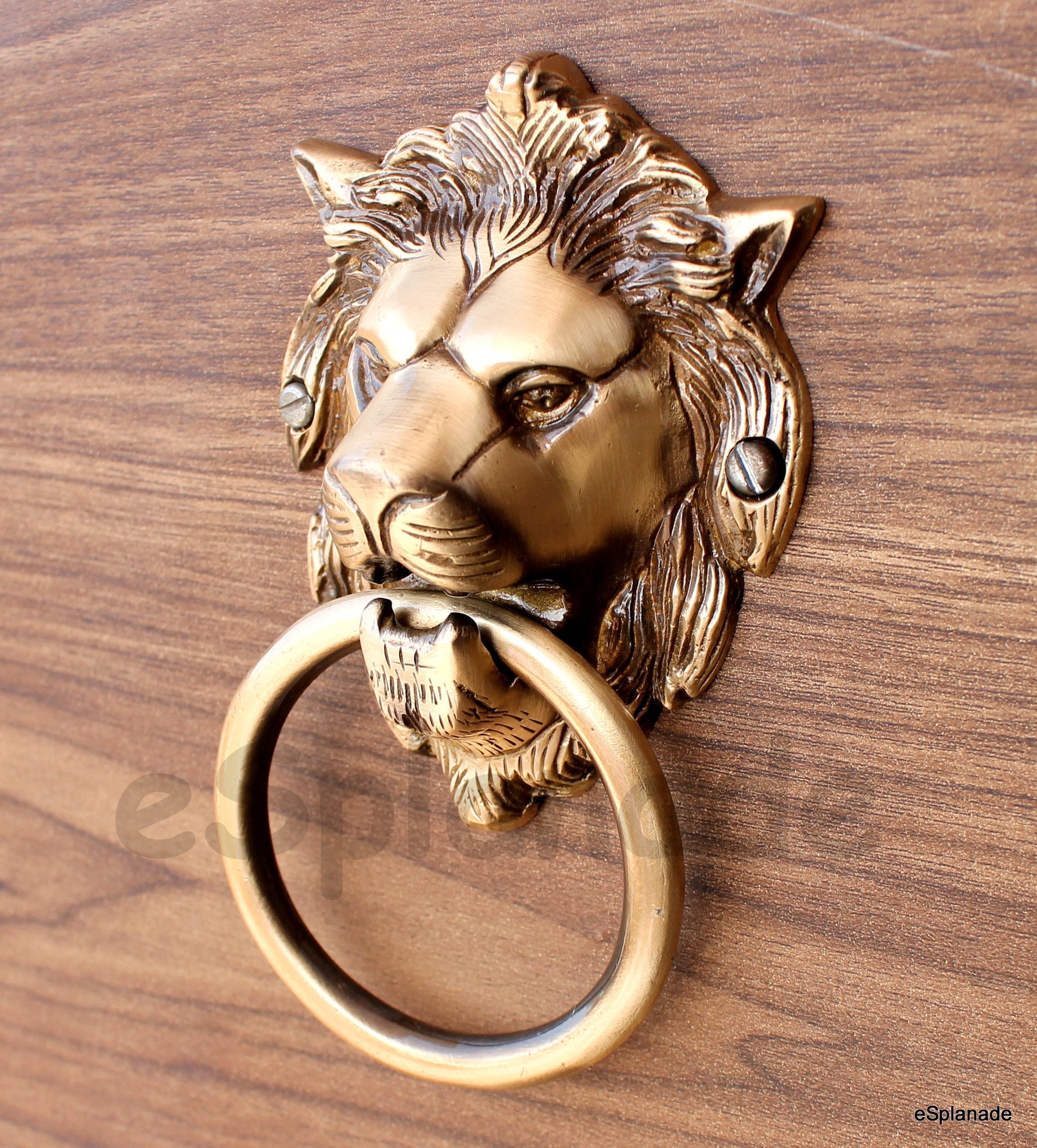 eSplanade Brass Lion Face Mouth Door Knocker, Door Accessories, Gate Knocker