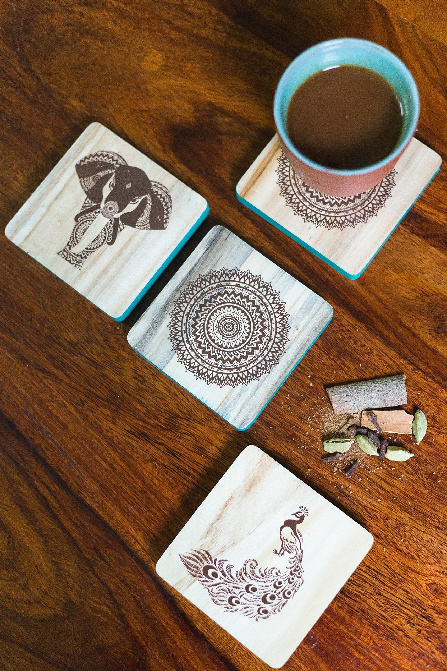 IVEI Mandala Print Wooden Coasters - Teak Wood Table Coaster - Reversible Animal Design Set for Home Kitchen, Office Desk - Decorative Holder for Tea or Coffee Cups - Table Top Coasters - Set of 4