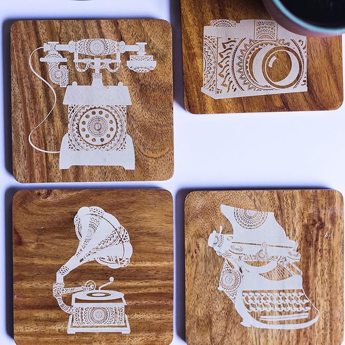 Esplanade Wooden Coasters Mandala Print - Teak Wood Table Coaster - Reversible Retro Design Set for Home Kitchen, Office Desk - Decorative Holder for Tea, Coffee Cups - Table Top Coasters - Set of 4