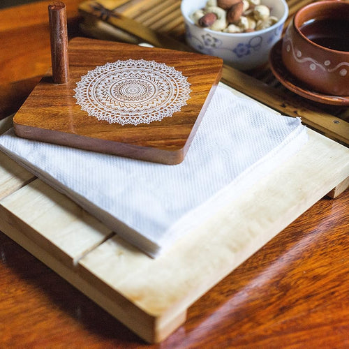 IVEI Wooden Tissue Holder – Mandala, Parrot, Gramophone Print Tissue Paper Holder - Smart Napkin Holder - Antique Handcrafted Decorative Wooden Holder - Tissue Holder for Table Office and Home