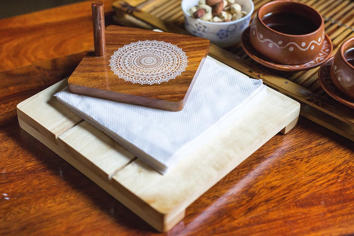 IVEI Wooden Tissue Holder – Mandala, Parrot, Gramophone Print Tissue Paper Holder - Smart Napkin Holder - Antique Handcrafted Decorative Wooden Holder - Tissue Holder for Table Office and Home