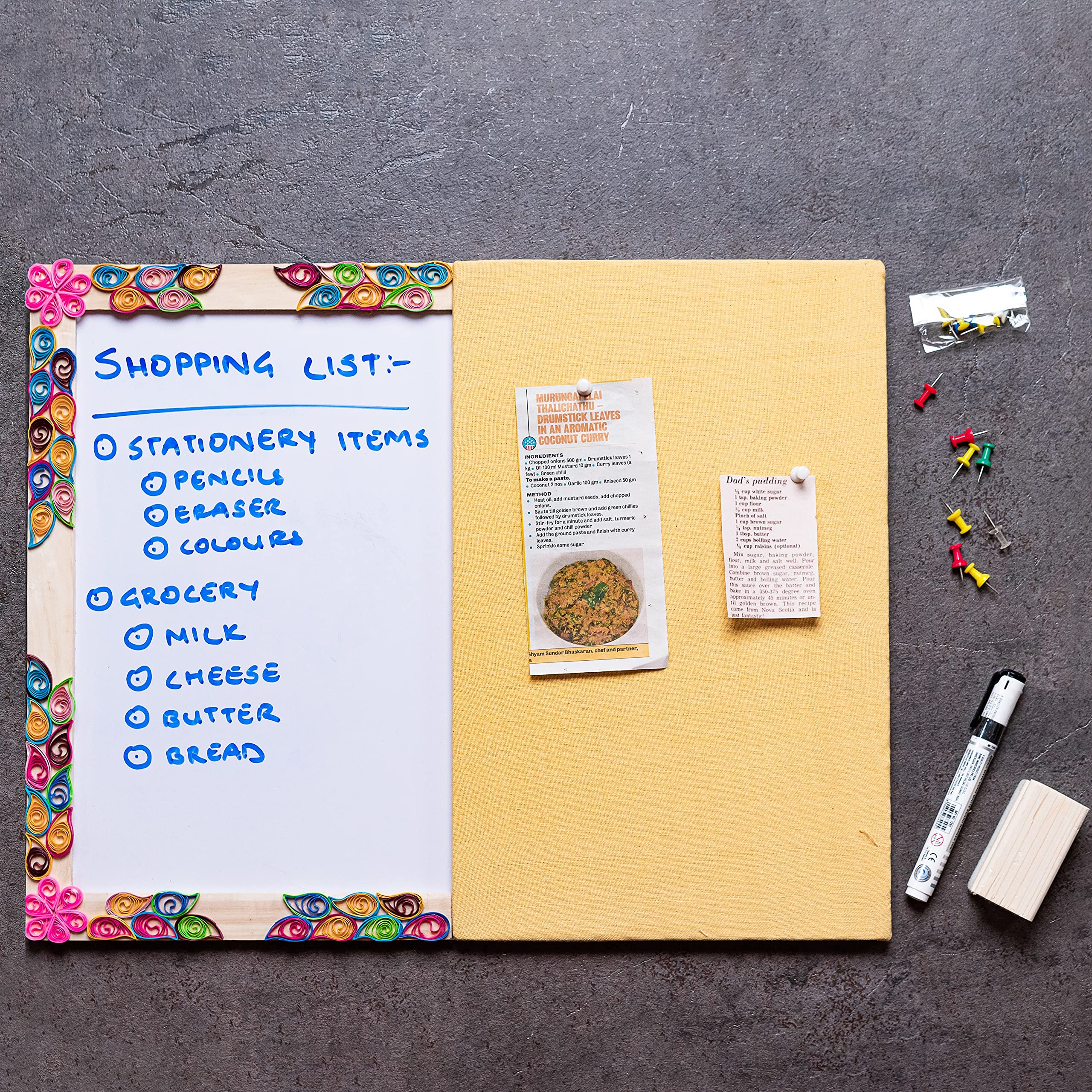 IVEI Yellow pin Board and whiteboard Combination - Dry Erase Board - Bulletin Board - Innovative Organizer - Writing Board for Adults - Paper Quilling on a Wooden Frame