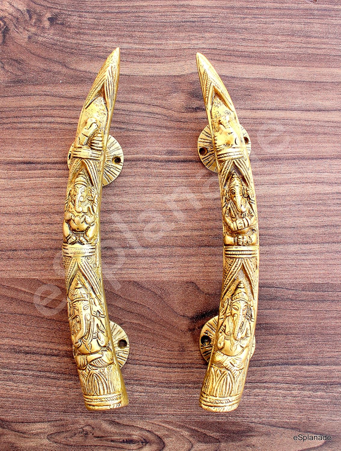 eSplanade - 11" Tusker Style Ganesha Carving Brass Door Handle Pair - Set of 2 | Home Decor | Door Decor | Pair of Brass Door Handles | Pair of Brass Door Pulls