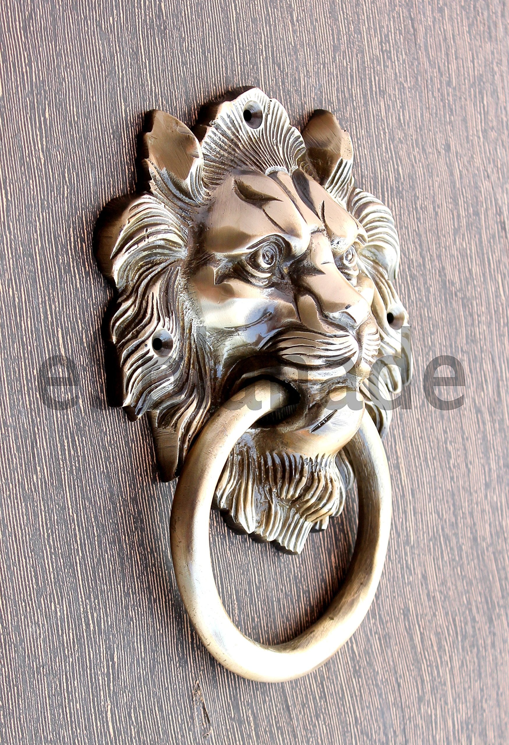 eSplanade Brass Lion Face Mouth Door Knocker, Door Accessories, Gate Knocker