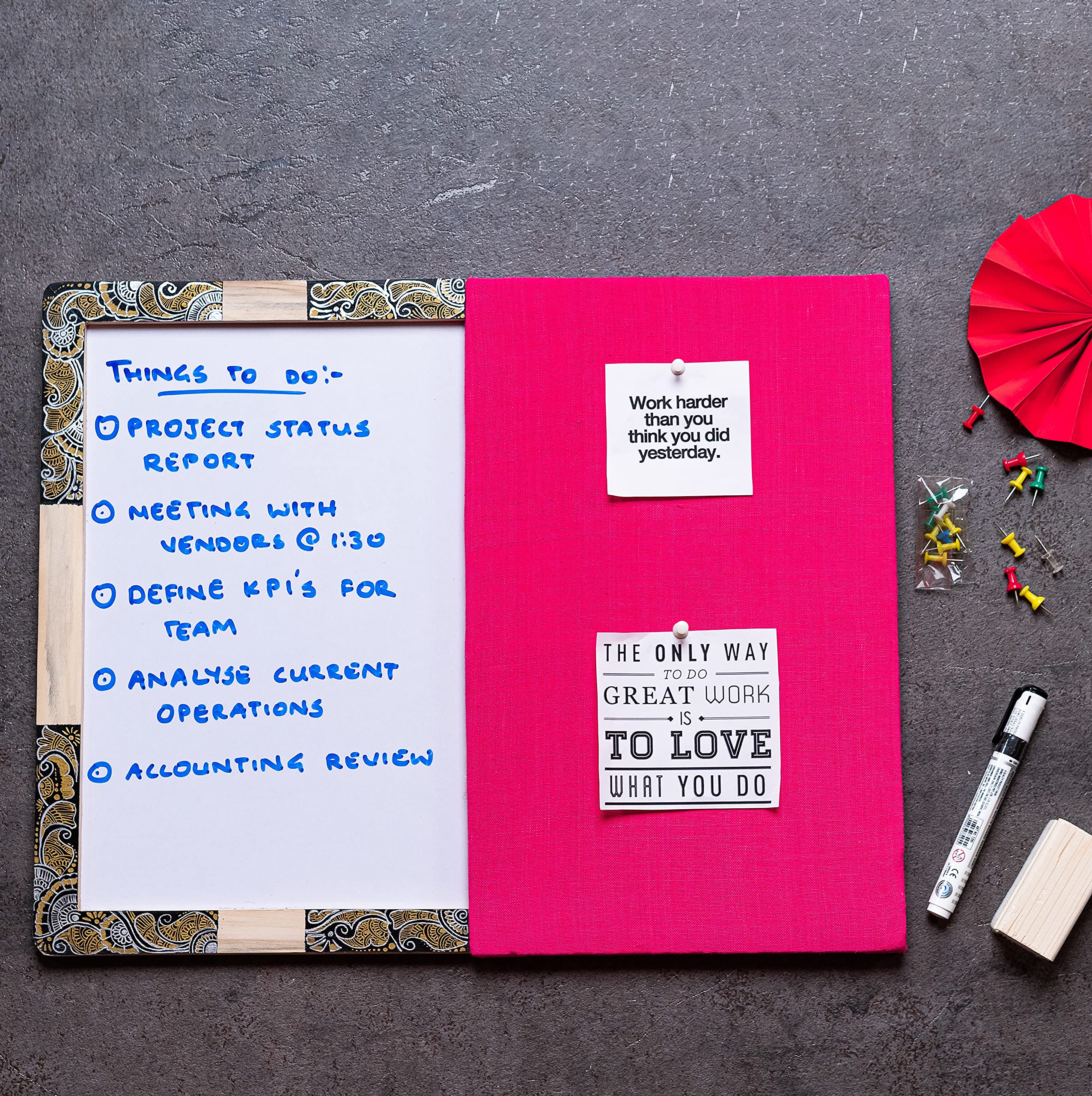 IVEI Pink pin Board and whiteboard Combination - Dry Erase Board - Bulletin Board - Innovative Organizer - Writing Board for Adults - with a Hand Painted Wooden Frame