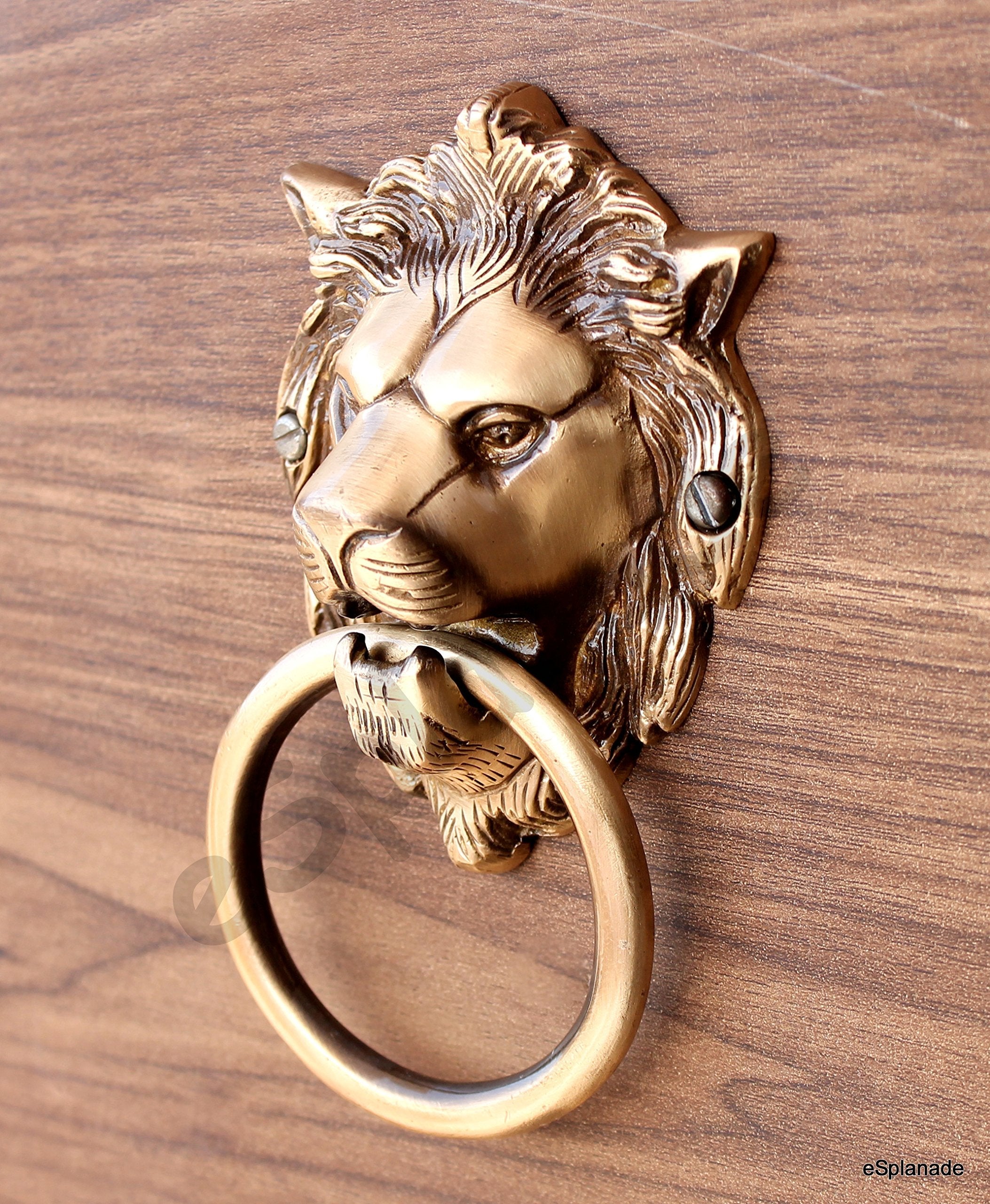 eSplanade Brass Lion Face Mouth Door Knocker, Door Accessories, Gate Knocker