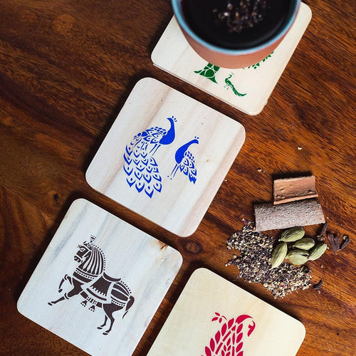 IVEI Sanjhi Print Wooden Coasters - Wood Table Coaster - Dinner Decor Centerpiece Wooden Coaster for Home Kitchen, Office Desk - Decorative Holder for Tea, Coffee Cups - Tabletop Coasters - Set of 4