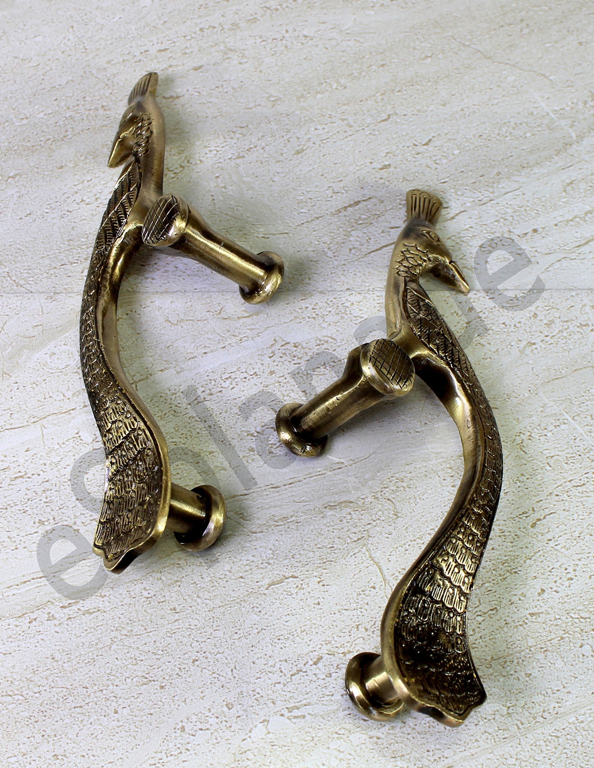 eSplanade - Designer Pair of Brass Door Handles (2 pcs) | Handle-Sets | Door Decor | Brass Door Pulls - Peacock Shaped