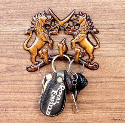 eSplanade Brass Fighting Lions Key Stand | Key Holder Hanger Hook, Wall Key Holder, Keys Rack Hook, Key Hanging Hooks Multi