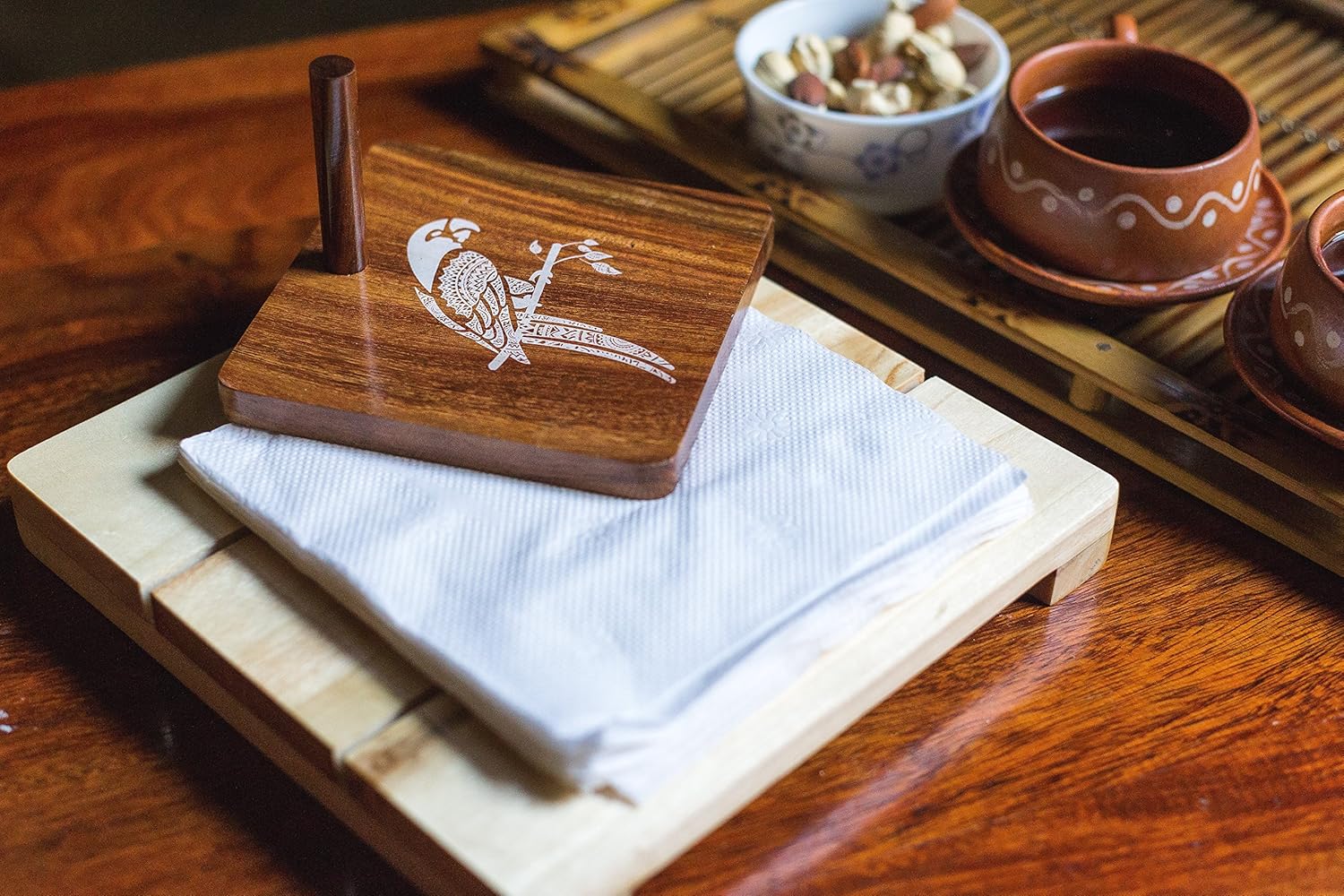 IVEI Wooden Tissue Holder – Mandala, Parrot, Gramophone Print Tissue Paper Holder - Smart Napkin Holder - Antique Handcrafted Decorative Wooden Holder - Tissue Holder for Table Office and Home