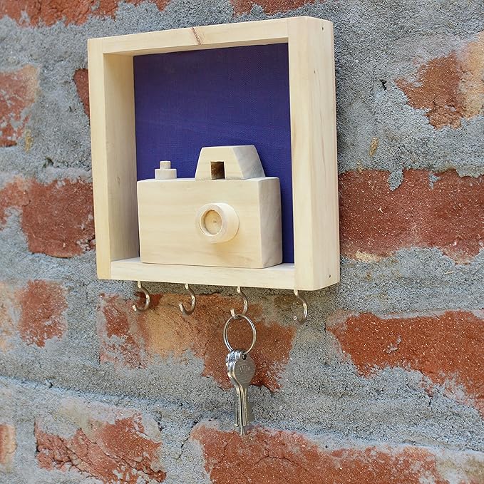 ESPLANADE Wooden Key Holder Handcrafted Hand-Spun Khadi Key Holder - Compact Decorative Camera Design Wall Hooks in Blue - Made by Artisans