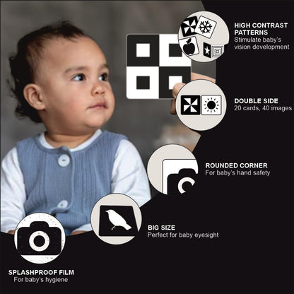 Clapjoy Black and White | 40 Objects | 20 Flash Cards for Infant Babies for Age 0-12 Months Visual Stimulation and Brain Development |Montessori Sensory Cards| Best Gift for New Born Babies