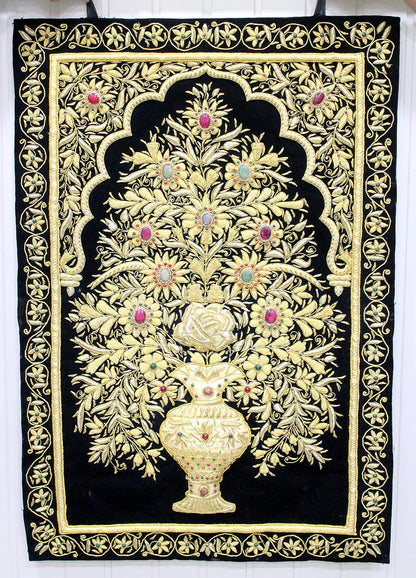 eSplanade Zardozi Jewel Embroidered Wall Hangings - 3D Multicolor Flower Vase Embroidered Tapestry Zardosi Wall Hanging with Semi-precious stones - 24" x 36" Inches - Black-Golden