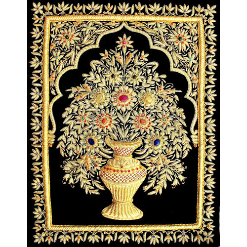 Zardozi Jewel Carpet Wall Hangings - Embroidered Tapestry Zardosi Wall Carpet with Semi-precious Stones (18 Inch x 24 Inch)