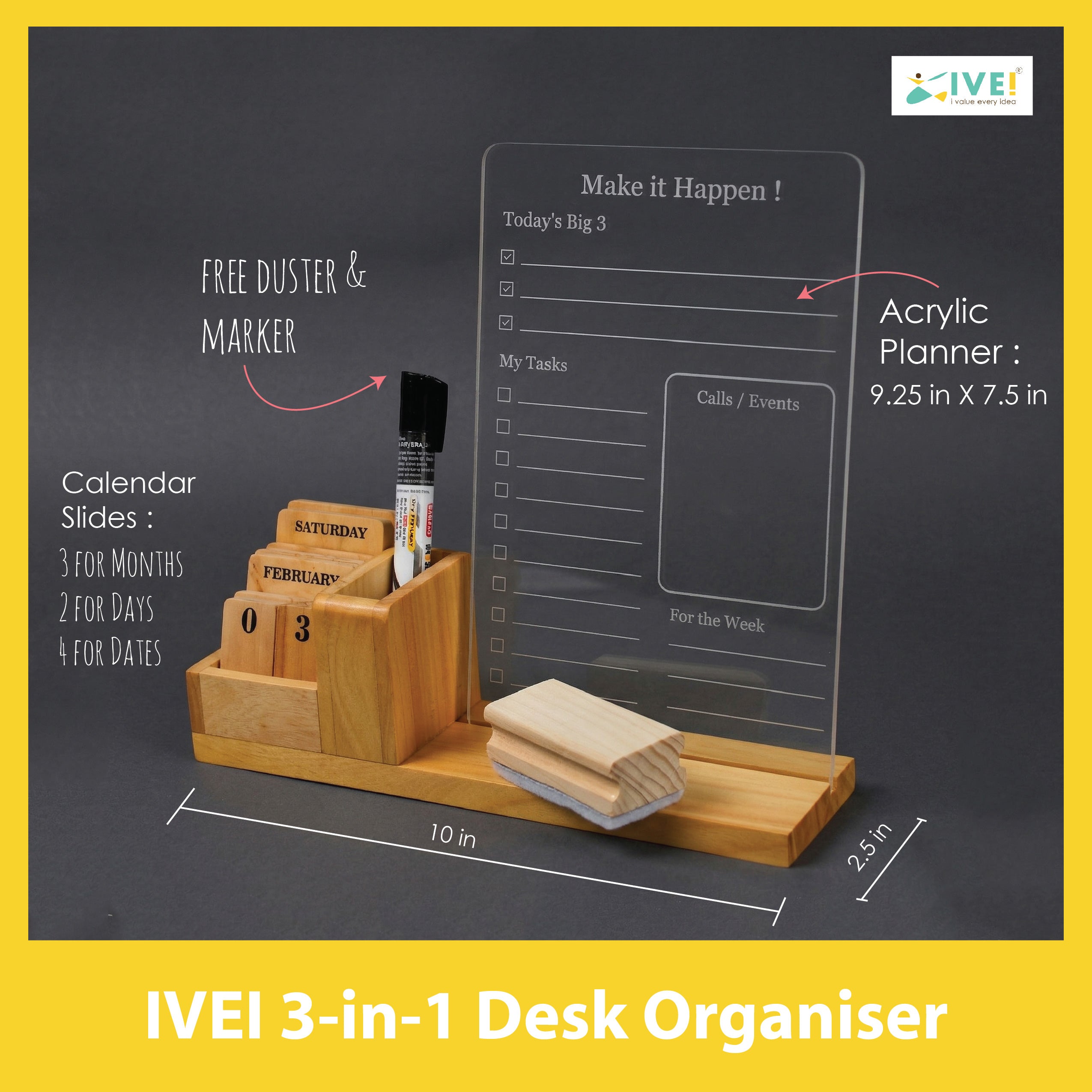 IVEI Acrylic Daily Planner Board with Wooden Desk Organizer & Calendar Blocks