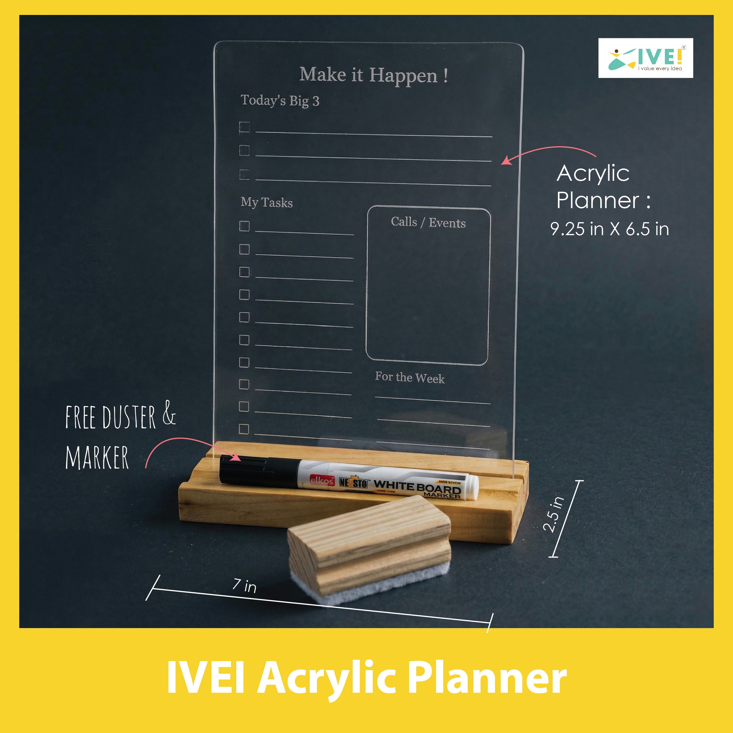 IVEI Compact Acrylic Daily Planner Board with Wooden Base