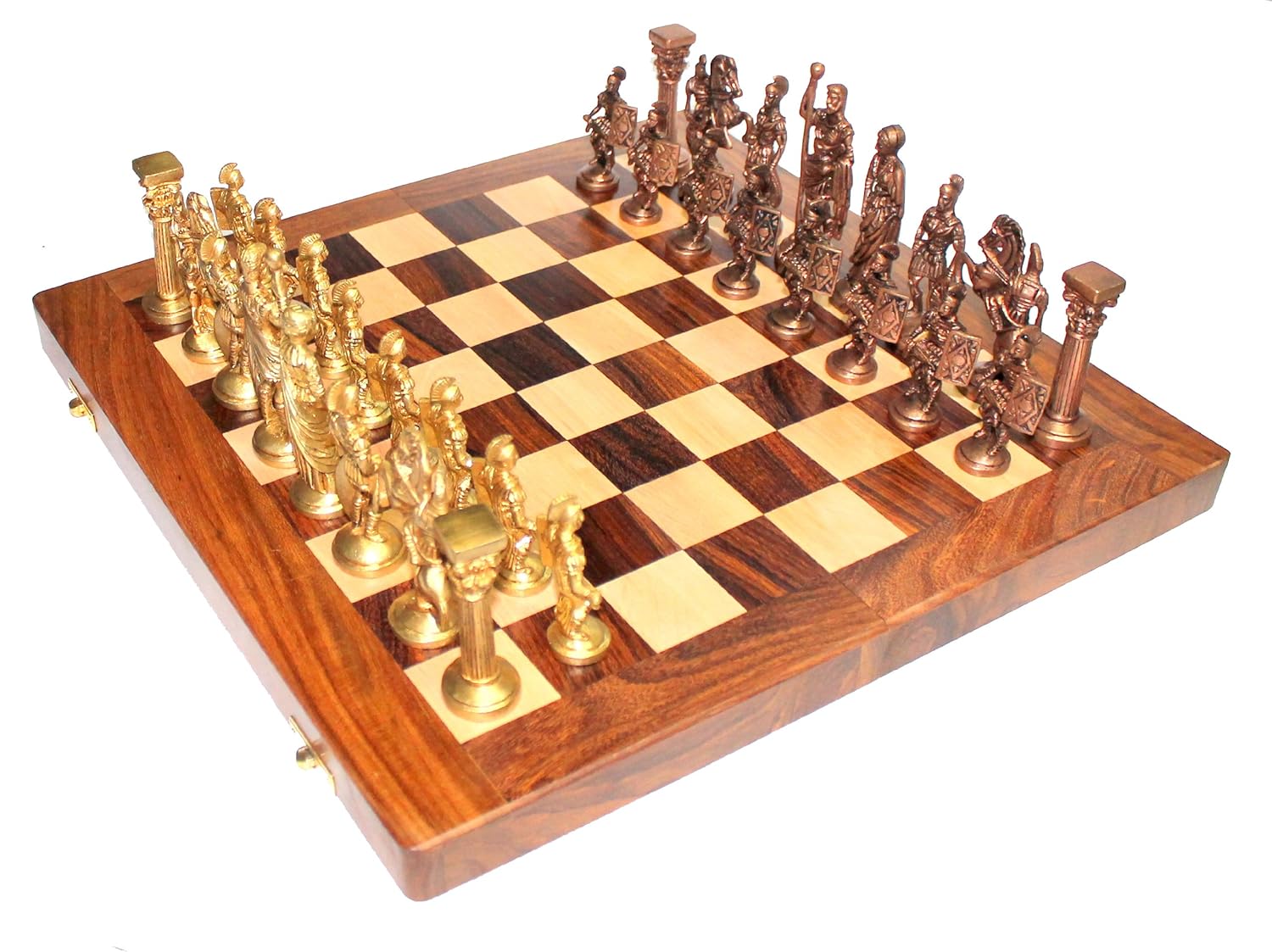 StonKraft 14" X 14" Collectible Wooden Folding Chess Game Board Set+ Brass Roman Figure Pieces