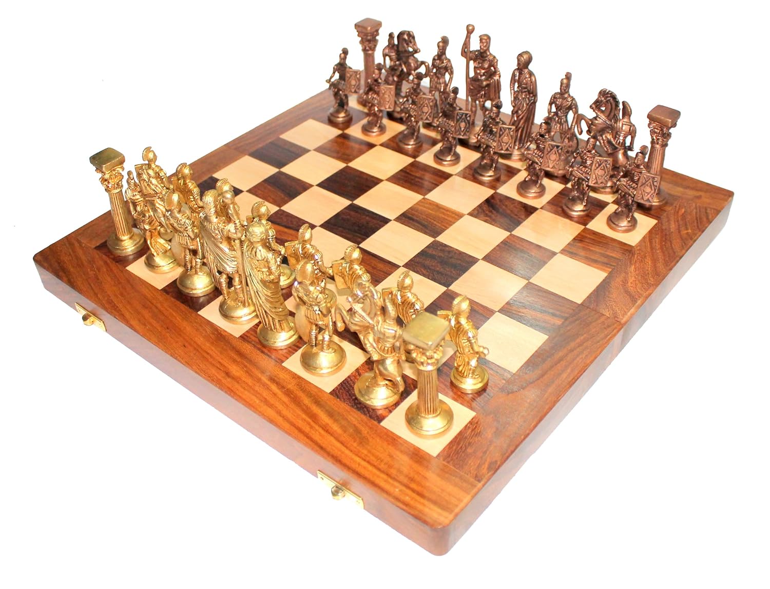StonKraft 14" X 14" Collectible Wooden Folding Chess Game Board Set+ Brass Roman Figure Pieces
