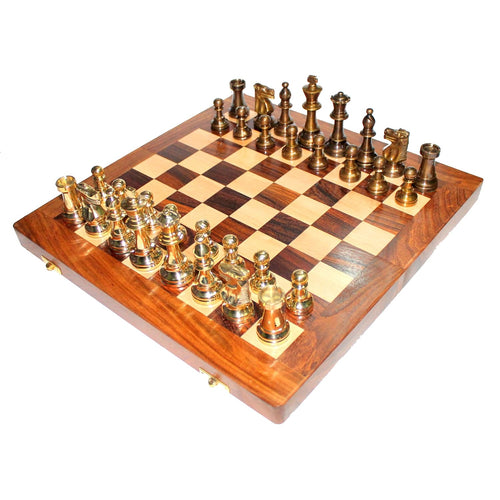 StonKraft Collectible Wooden Folding Chess Game Board Set with Brass Staunton Figure Pieces (14 X 14 Inch)