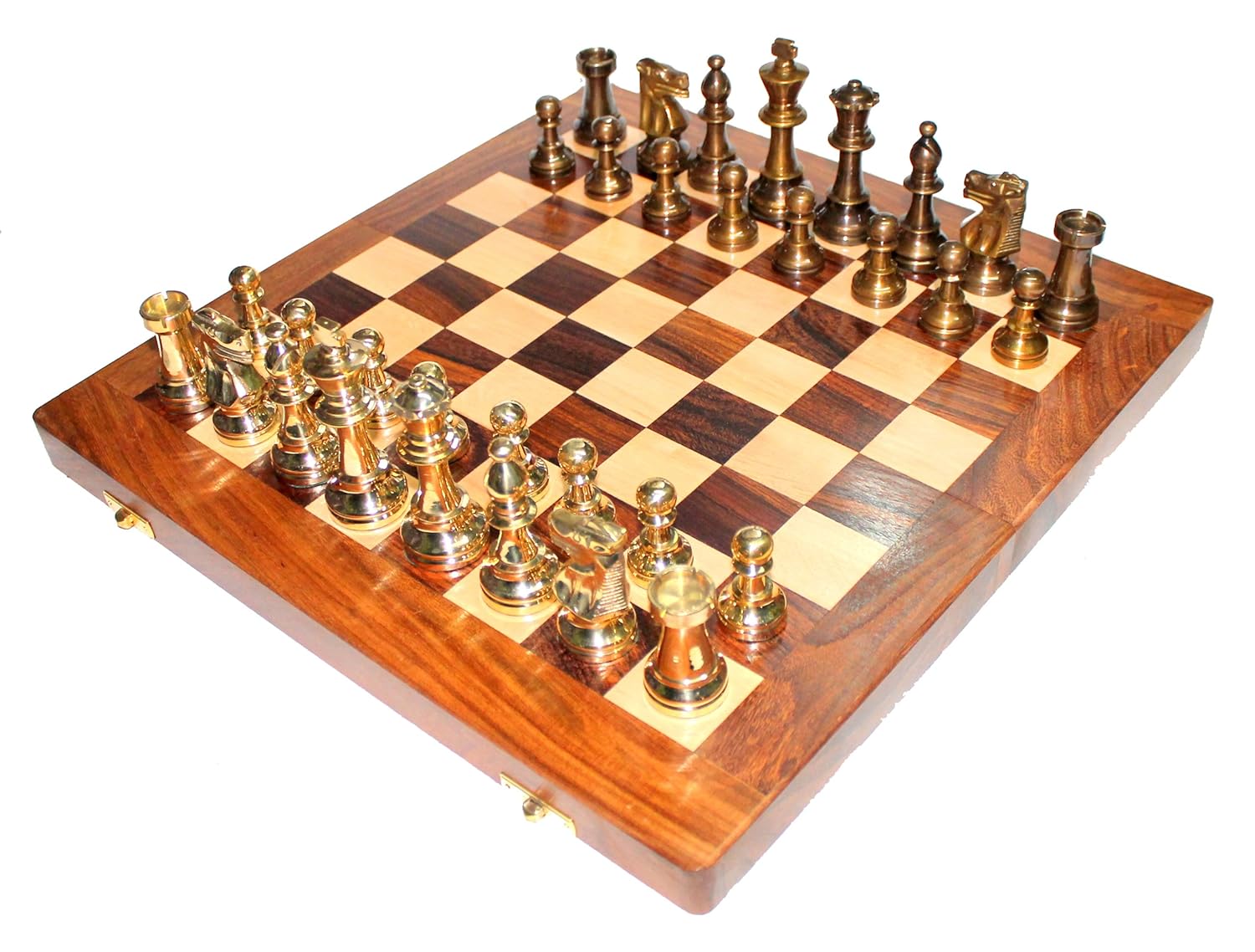 StonKraft Collectible Wooden Folding Chess Game Board Set with Brass Staunton Figure Pieces (14 X 14 Inch)