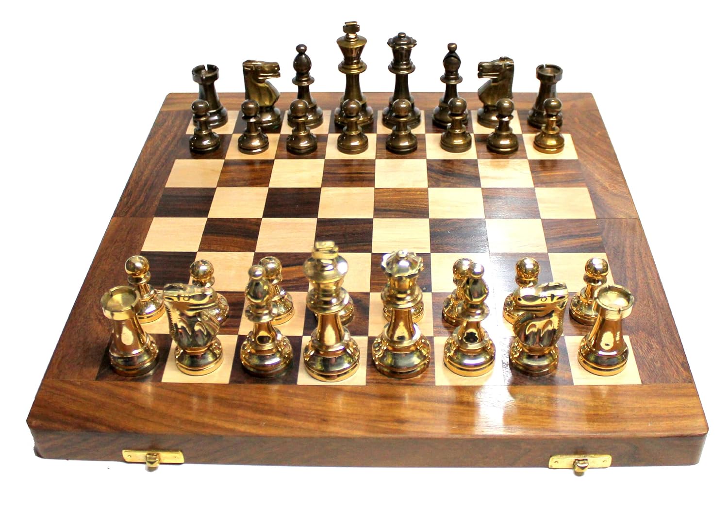 StonKraft Collectible Wooden Folding Chess Game Board Set with Brass Staunton Figure Pieces (14 X 14 Inch)