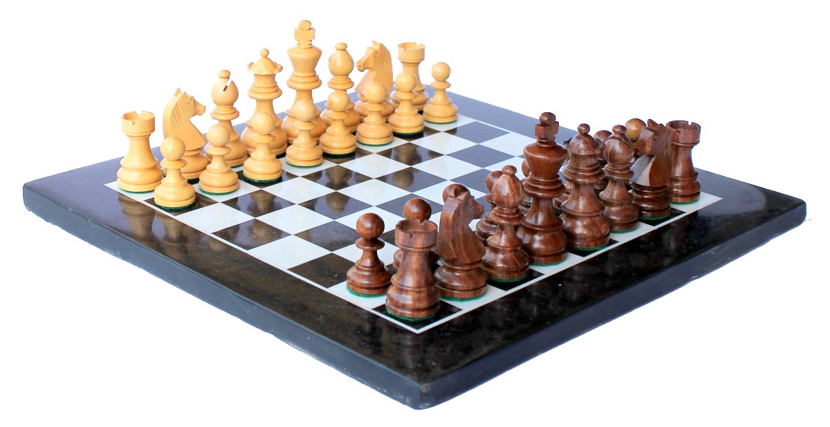 StonKraft 12"x12" Black Marble Chess Board with Wooden Chess Pieces Set,for all ages