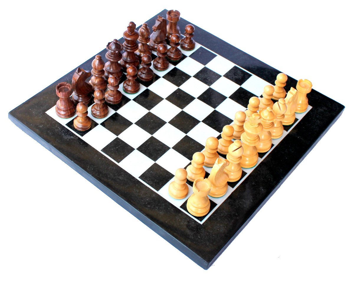 StonKraft 12"x12" Black Marble Chess Board with Wooden Chess Pieces Set,for all ages