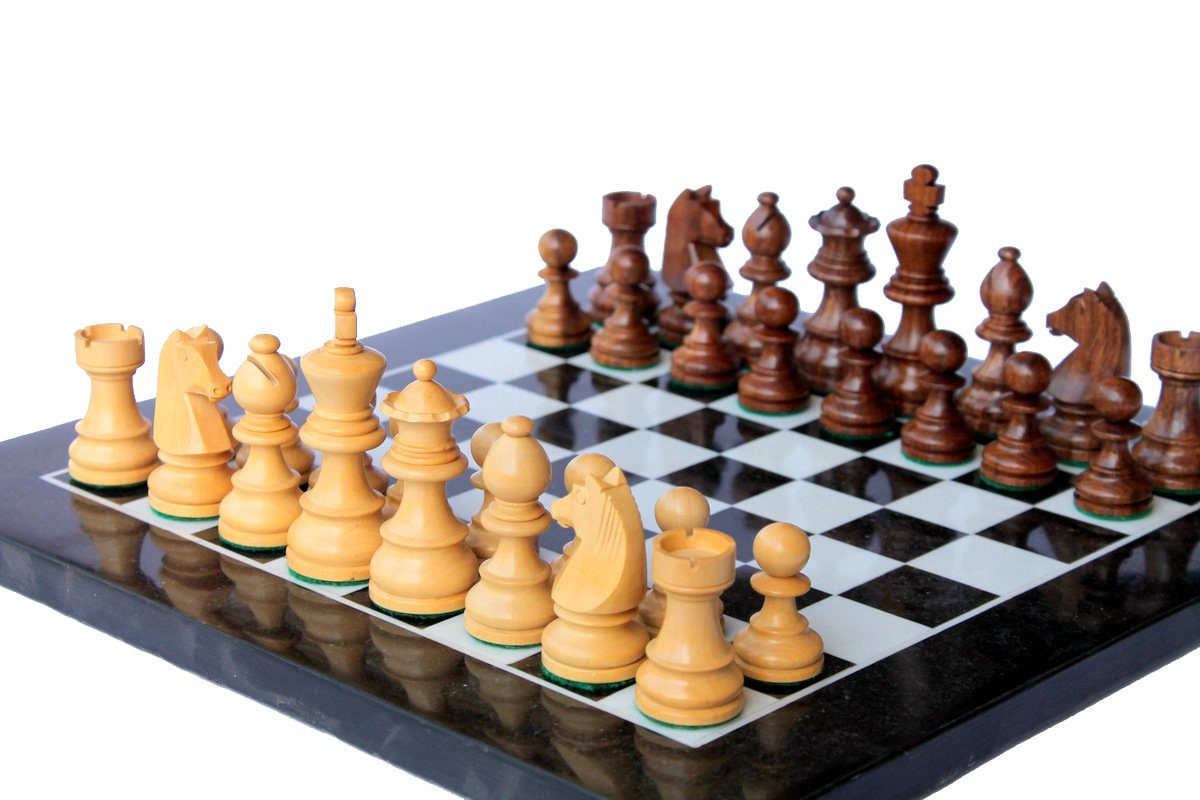 StonKraft 12"x12" Black Marble Chess Board with Wooden Chess Pieces Set,for all ages