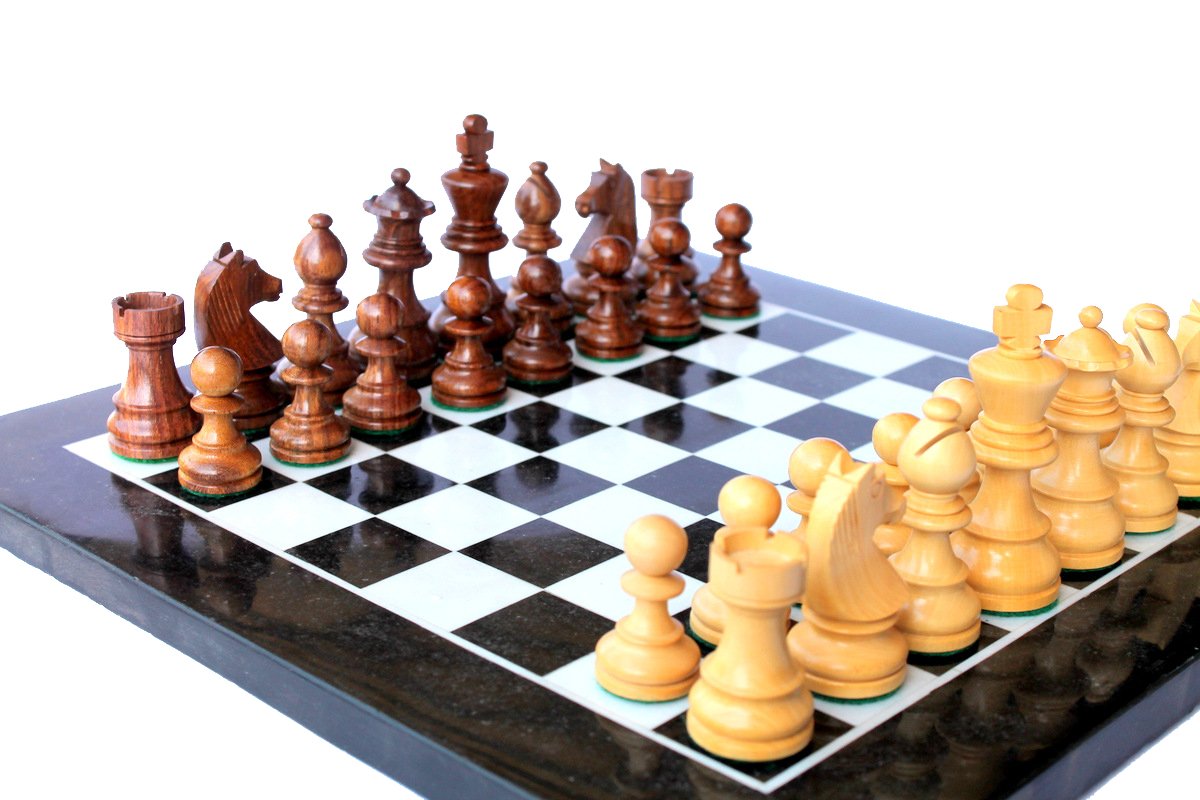 StonKraft 12"x12" Black Marble Chess Board with Wooden Chess Pieces Set,for all ages