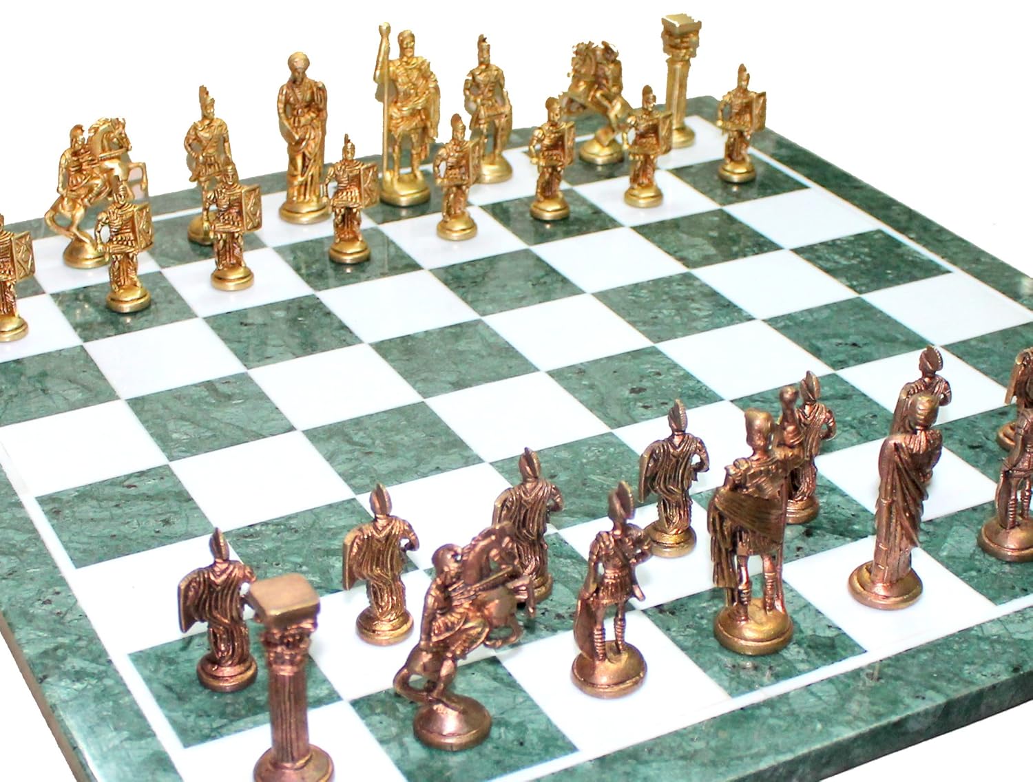 StonKraft 20" X 20" Collectible Green Marble Chess Game Board Set Roman Figure Brass Crafted Pieces Chessmen Coins