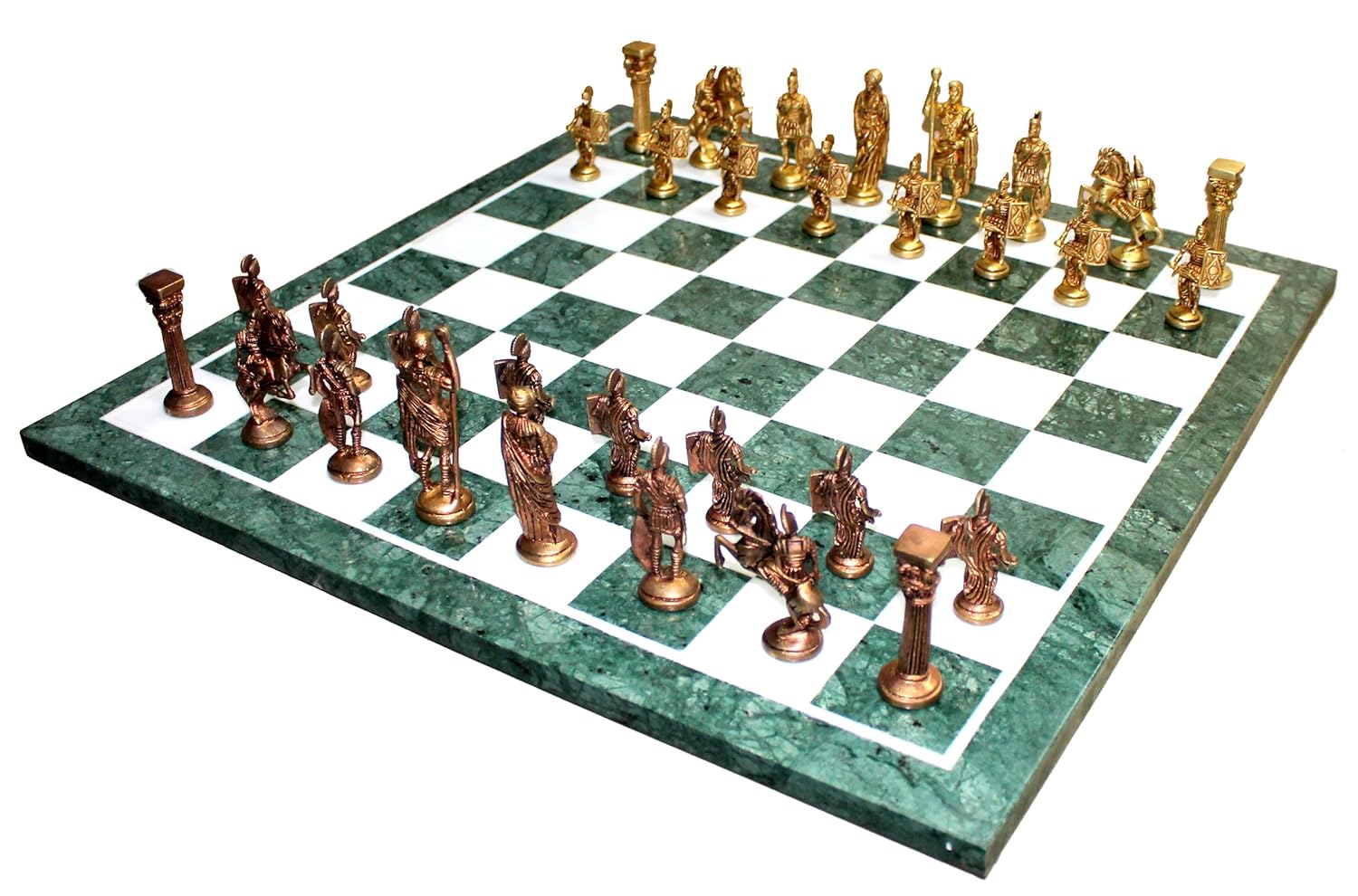 StonKraft 20" X 20" Collectible Green Marble Chess Game Board Set Roman Figure Brass Crafted Pieces Chessmen Coins