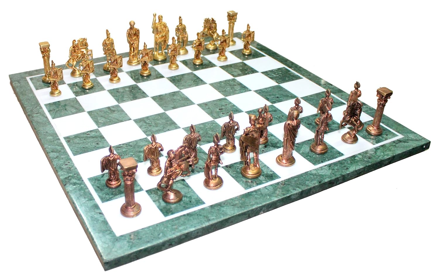 StonKraft 20" X 20" Collectible Green Marble Chess Game Board Set Roman Figure Brass Crafted Pieces Chessmen Coins