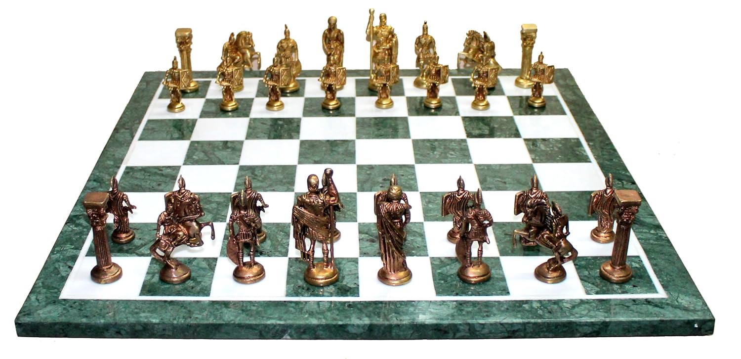 StonKraft 20" X 20" Collectible Green Marble Chess Game Board Set Roman Figure Brass Crafted Pieces Chessmen Coins