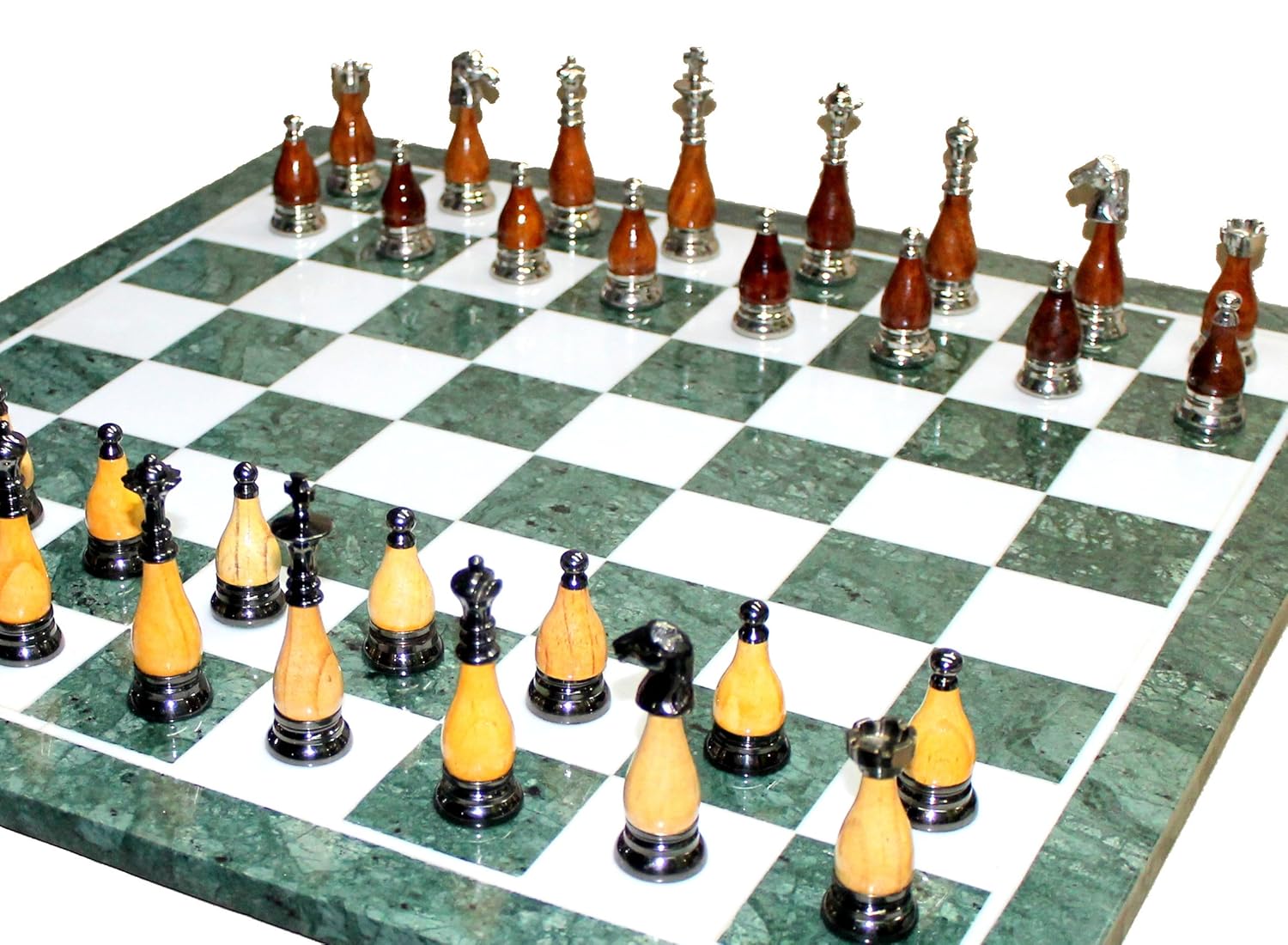 StonKraft 20" X 20" Collectible Green Marble Chess Game Board Set + Brass and Wood Crafted Pieces Chessmen Coins