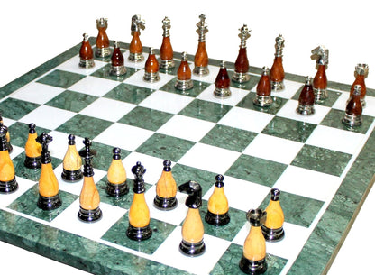 StonKraft 20" X 20" Collectible Green Marble Chess Game Board Set + Brass and Wood Crafted Pieces Chessmen Coins